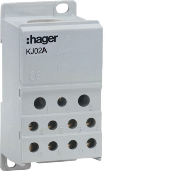 Hager KJ02A Verteilerblock, 250A, 1polig, 1x 35-95² / 2x 6-35² / 5x 1, 5-16² / 4