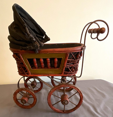 Vintage Doll Stroller Pram, Brown Wicker-Style Wood/Metal Frame, Foldable Canopy