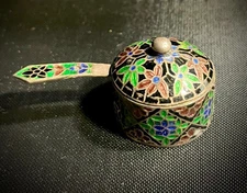 Salt Cellar - Vintage Sterling Silver & Enamel Cloisonne With Spoon
