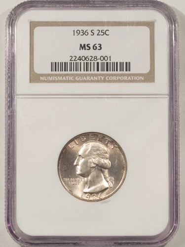 1936-S WASHINGTON QUARTER - NGC MS-63, SUPER PREMIUM QUALITY!