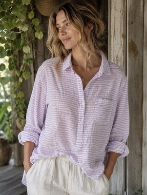 NWOT Gap Purple & White Seer Sucker Button-Down Popover Shirt | Women s XL