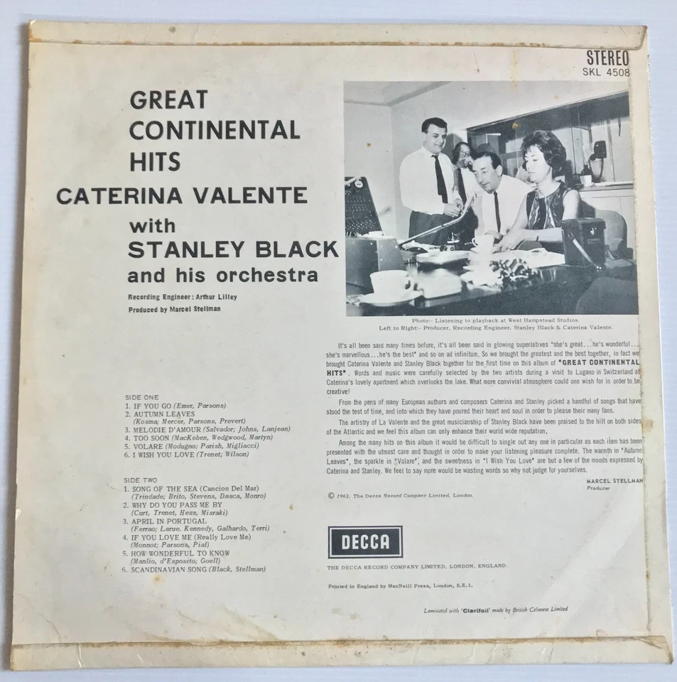 Caterina Valente - Great Continental Hits Decca Vinyl LP Stereo SKL 4508 / 1962 - Image 2 of 4