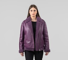 Women's Real Sheepskin Purple Nappa Shearling Aviator Bomber Jacket