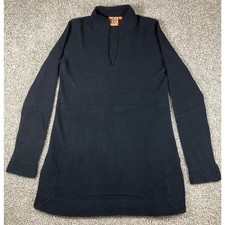 Tory Burch Black 100% Cashmere Split Neck Tunic Sweater Waffle Knit Trim Small