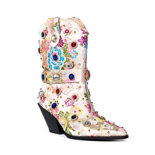 Women's Pointed Toe Side Zipper Embroidered Rhinestone Leather Plus Size Boots - Picture 27 of 30