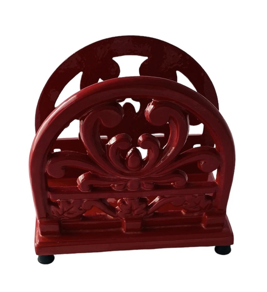"Soporte servilletero de hierro fundido esmalte rojo con patrón de pergamino y hojas 4"" H x 3,5"" W x 5,5"" L" Foto 2 de 4
