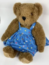 Vermont Teddy Bear Company Brown Fully Jointed Blue Floral Dress 16" USA Plush