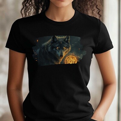 Women Wolf Rune Print Cotton T-Shirt Size XS to 3XL