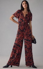 Anthropologie The Somerset Jumpsuit Black Motif Size Small 168 Floral Pull-On