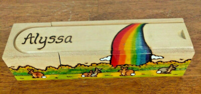 Wood Pencil Paint Brush Box Slide Top~Rainbow Rabbits Painted Design~''Alyssa''