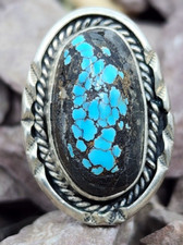 High Quality Vintage Sterling Silver Smoky Blue Turquoise Navajo Size 6