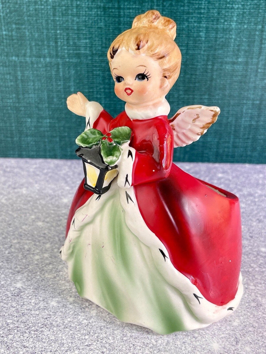 Vintage Napco Christmas Angel Planter Holding Lantern Figurine 5 1