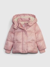 NEW 88 GAP Toddler Girls Light Pink Shine Sherpa Lined Hooded Puffer Jacket 3T