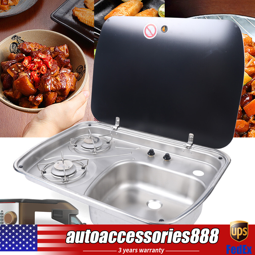 Boat Caravan RV Camper 2-Burner Gas Stove Stainless Steel Sink Combo w/Glass Lid