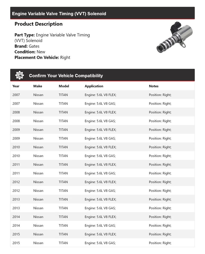 Соленоид для правых ворот двигателя VVT для Nissan TITAN 2007-2015 годов выпуска 2008 2009 2010 2011 годов выпуска - Изображение 2 из 4