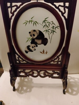 ASIAN Chinese Panda Double Sided Silk Embroidery Wooden Screen with stand