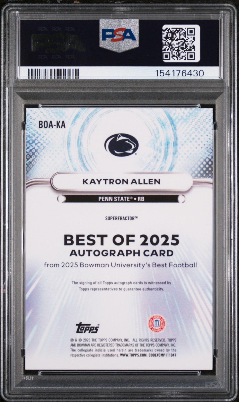 2025 BOWMAN UNIVERSITY BEST OF 2025 AUTO SUPERFRACTOR KAYTRON ALLEN 1/1 PSA 9 view 2