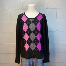 Apt. 9 100 Cashmere Cardigan Button Front Black Pink Gray Argyle XL.