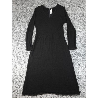 Rona New York Vintage Knit Dress Womens Black Good Lace Trim V-Neck Midi USA