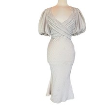 ASOS DESIGN Puff Sleeve Textured Wrap Front Midi Dress Size 6 Mermaid Fit Stone