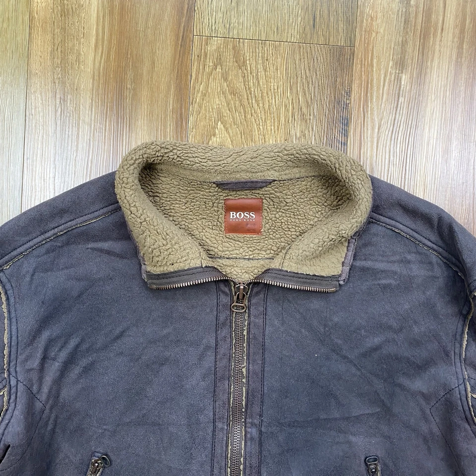 Hugo Boss Jacket Suede Leather Vintage Sherpa Lined Boss Orange Bomber Zip Up XL - Image 3 of 4