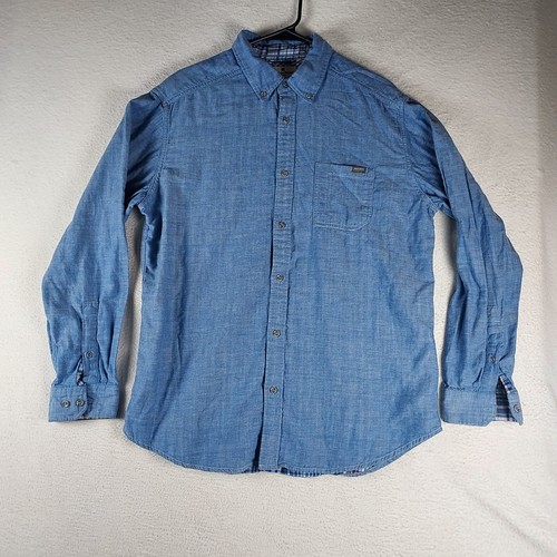 Woolrich Chambray Button Down Mens L Blue Plaid Trim 100% Cotton