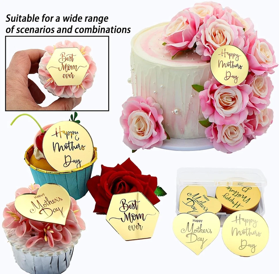 Toppers de cupcake feliz dia das mães, 24 peças acrílico espelho dourado, círculo hexago - Imagem 2 de 4