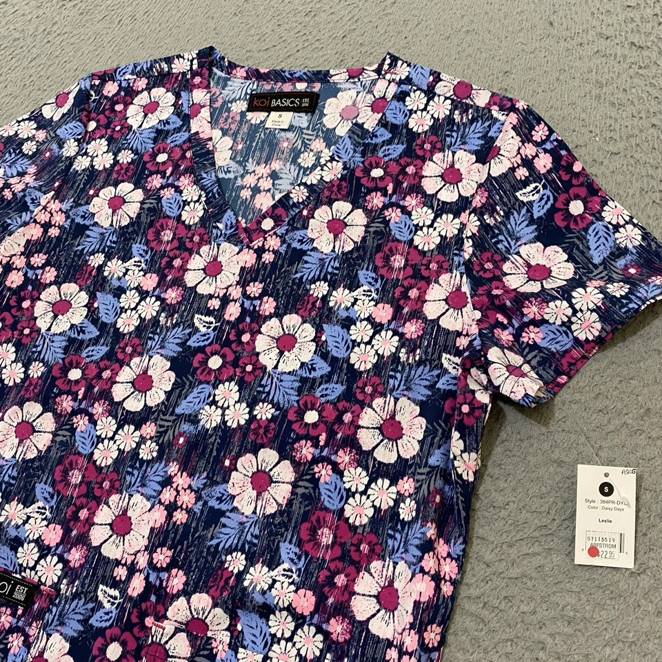 Koi Basics Scrub Top Womens S Multicolor Floral Daisy Days Leslie 384PR NEW - Image 2 of 4