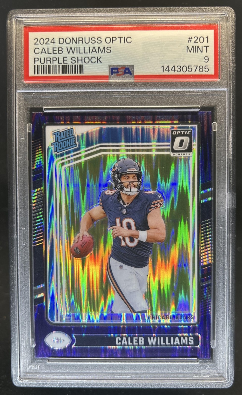 2024 Panini Donruss Optic Caleb Williams Rookie RC Purple Shock Rated #201 PSA 9 view 1