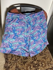 vineyard vines men  s swim shorts size M blue pink fish pockets drawstring Preppy