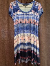 Karen Kane casual shift dress, size medium, unlined, blue multicolor print