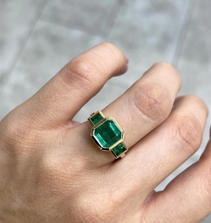 Anillo Esmeralda Zambia Natural 14k Oro Amarillo Sólido 14k Anillo Esmeralda Anillo Oro Foto 4 de 4