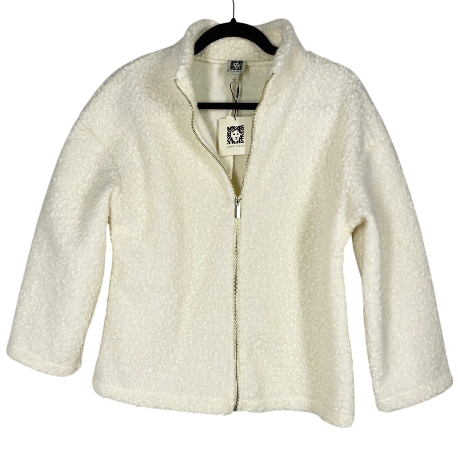 OFF WHITE Giacca Bouclé Zip Nuova con etichette Anne Klein Taglia Small Off White Leggera Ufficio