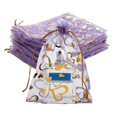 100pcs 5x7 Inch Heart Printed Organza Bags Purple Gift Bags Jewelry Pouch Bag...