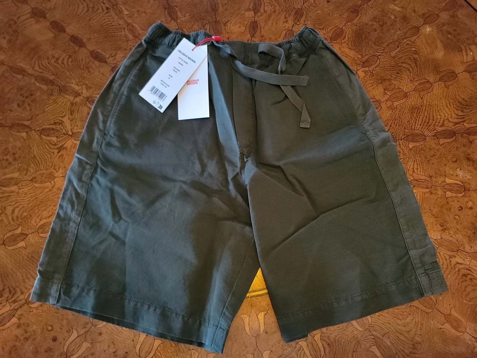 Orlebar Brown Olive Green Sirma Palm Drawstring Shorts Size 30 Linen Blend NEW