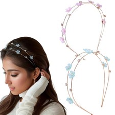 2 Pcs Metal Flower Headbands for Women, Thin Non-Slip Hairbands with Rhinesto...