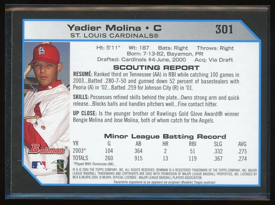 Tarjeta de novato Yadier Molina 2004 Bowman primera edición RC #301 St. Louis Cardinals Foto 2 de 2