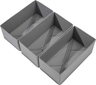 Collapsible Sock Drawer Organizer - 3 Pack Fabric Storage Bins, Gray