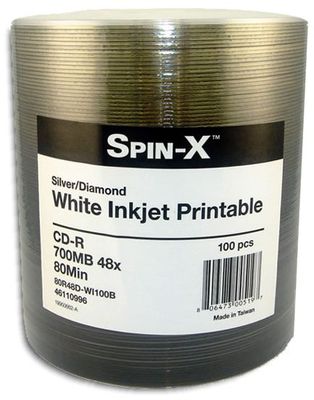 100-Pak Spin-X WHITE INKJET PRINTABLE (clear hub) DIAMONDSILVER 48X 80-Min CDR's