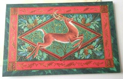Christmas Card Deer Buck Evergreens Holly Pine Cones Berries American Greetings