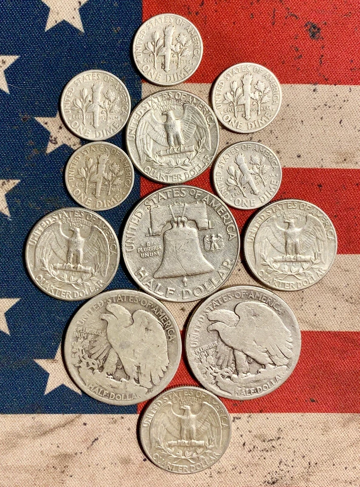 90% Silver 1963 D FRANKLIN HALF DOllAR 4 1964 Quarters 10 1959 D Dimes 2 Walkers - Image 2 of 4