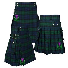 Men's Scottish Utility Kilt Black Watch Tartan With Pockets Fashion Acrylic Wool