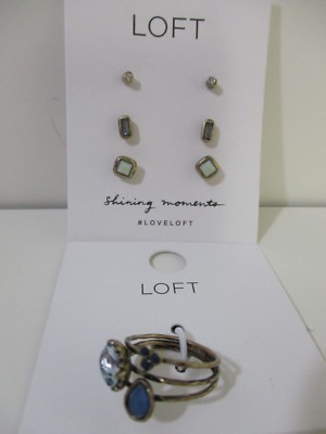 Ann Taylor LOFT Three Stone Stacked Ring  6 NWT $24.50 Stud Earrings Set NWT $29