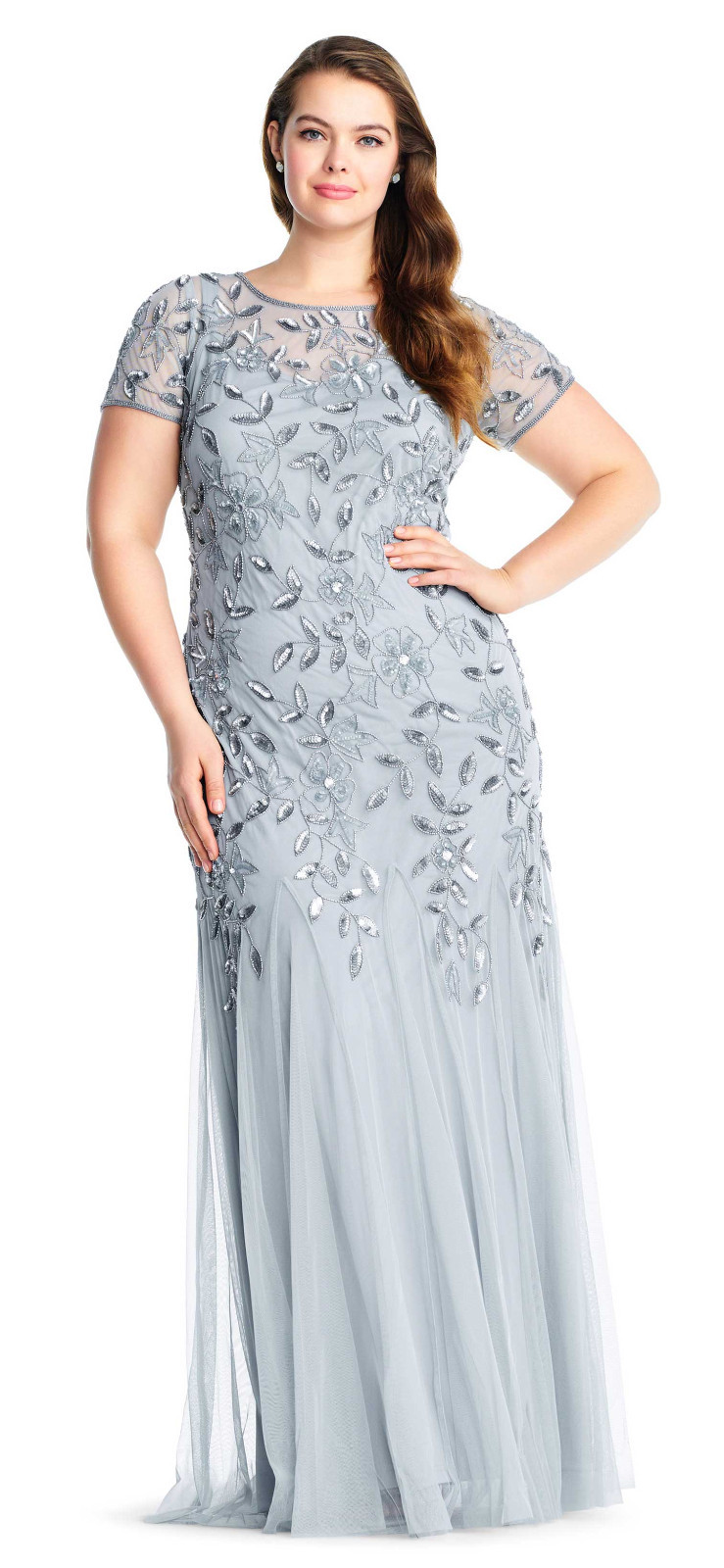 adrianna papell floral beaded godet gown with sheer short sleeves