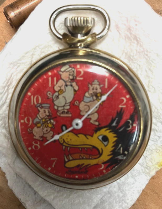 1934 Ingersoll  Disney Three Little Pigs Big Bad Wolf Pocket Watch. Working