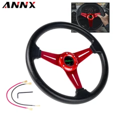 Red 13" Deep Dish Leather 6 Bolt JDM Sport Racing Steering Wheel w/ Horn Button