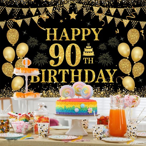 90. Happy Birthday Banner Schwarz Gold Fotografie Hintergrund für Party Zubehör - Bild 6 von 6