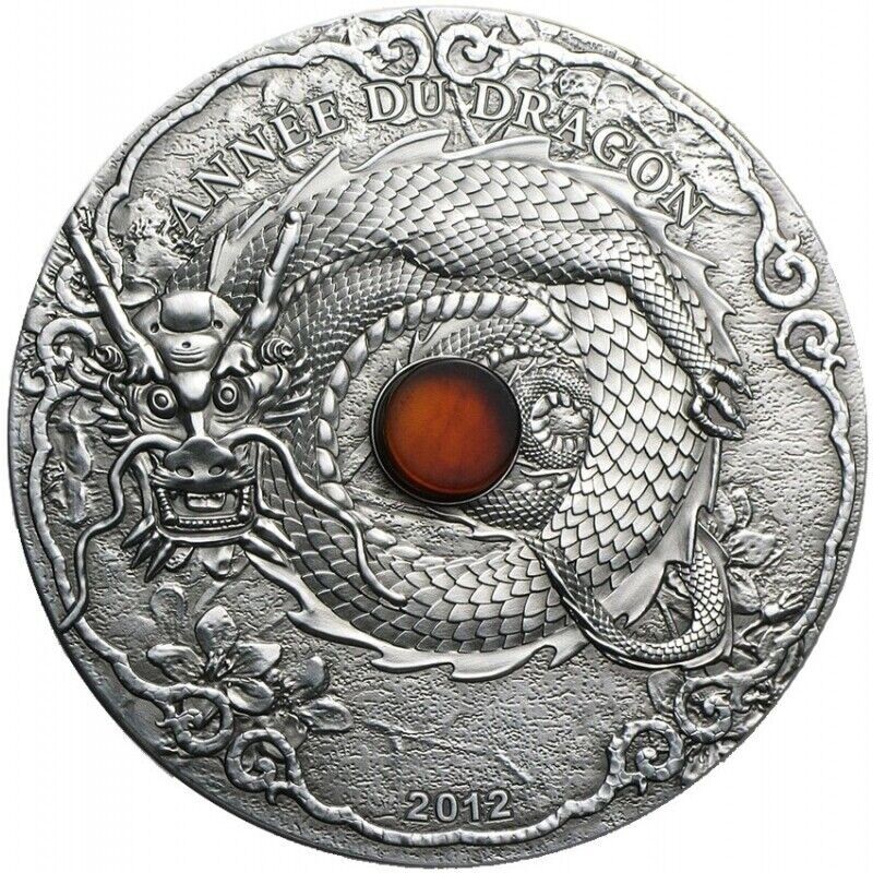 Togo 2012 1500 Francs Year of the Dragon 2 oz Including Real Amber