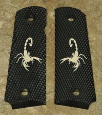 1911 GRIPS - SCORPION - BLACK/TAN - .45, AMBI, FULL SIZE, CUSTOM, LASER ENGRAVED