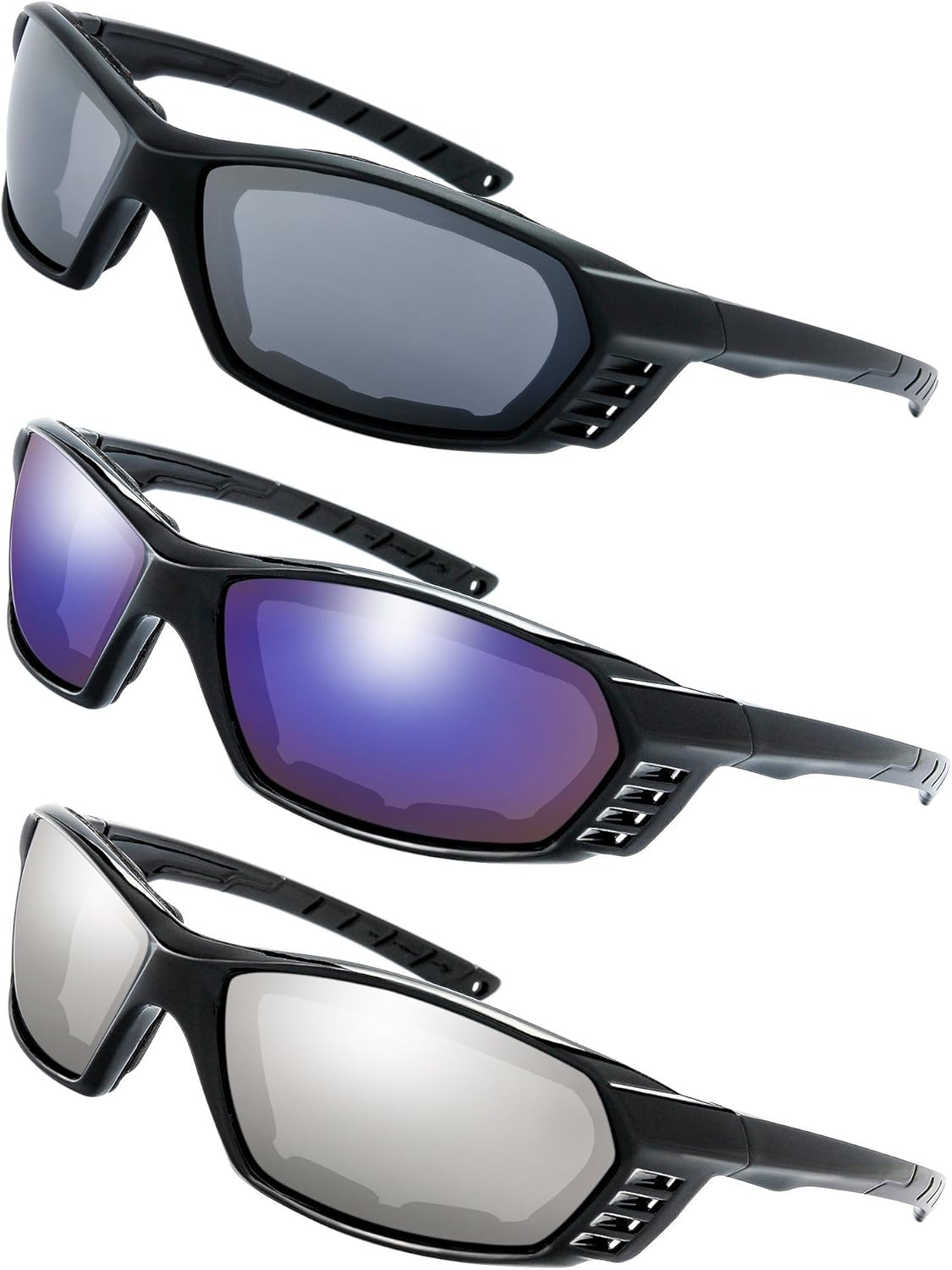 3 Pairs UVB-Blocking Motorcycle Glasses with Padded Frame for Outdoor Riding